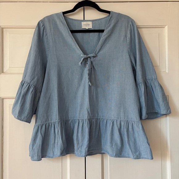 Sezane Anita Chambray Top Lace Up Denim Blouse Bell Sleeve Peplum Size 42 US 10 - Picture 6 of 16